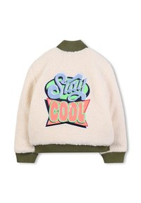 Giacca in ecopelle crema con colletto a coste verde. Caratterizzata da un ricamo colorato "Stay Cool" sulla schiena all'interno di una forma a stella.