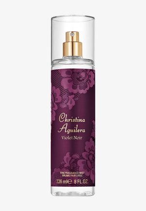 Przezroczysta cylindryczna butelka z rozpylaczem i złotą nakrętką, z etykietą "Christina Aguilera Violet Noir" na ciemnofioletowym kwiatowym wzorze, 236 ml delikatnej mgiełki zapachowej.