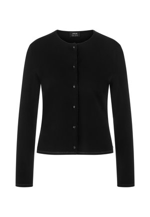 Black cardigan, long sleeves, round neckline, button closure, smooth texture, lightweight fabric, minimal design, no patterns or accents.