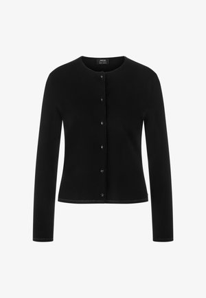 Black cardigan, long sleeves, round neckline, button closure, smooth texture, lightweight fabric, minimal design, no patterns or accents.