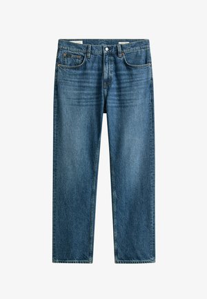 Blaue Jeans mit geradem Bein, vorderen und hinteren Taschen, Gürtelschlaufen und Knopfverschluss.