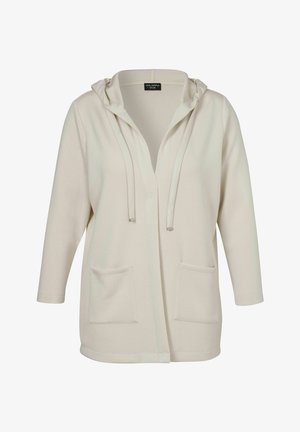 Light beige hooded cardigan made of soft fabric, featuring a front opening, two pockets, and 3/4 sleeves. Subtle texture, minimal design.
