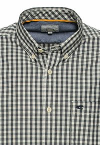 Karierter Button-Down-Hemd in Grau und Weiß. Verfügt über einen klassischen Kragen, eine kleine Brusttasche und helle blaue Innendetails.