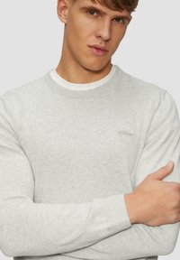 Helles graues Rundhals-Pullover aus einem weichen Strickmaterial, mit gerippten Bündchen und einem kleinen Logo in der oberen linken Ecke.