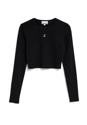 Zwart cropped long-sleeve top gemaakt van zachte stof, met een klein wit geborduurd logo op de borst en een ronde halslijn.