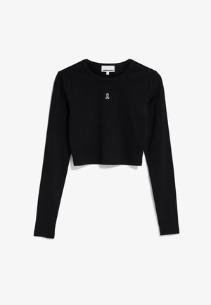 Zwart cropped long-sleeve top gemaakt van zachte stof, met een klein wit geborduurd logo op de borst en een ronde halslijn.
