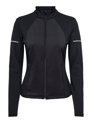 Black athletic jacket with a zip front, high collar, and long sleeves. Features raglan sleeves and reflective accents on shoulders.