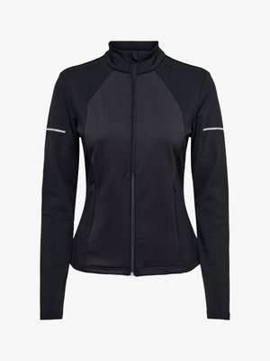 Veste de sport noire à fermeture éclair avant, col montant et manches longues. Comprend des manches raglan et des accents réfléchissants sur les épaules.