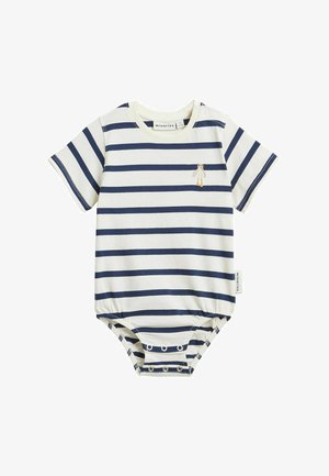 Kortærmet baby heldragt med navy blå og hvide vandrette striber og en lille broderet fugl på brystet. Lukning med trykknapper i bunden.
