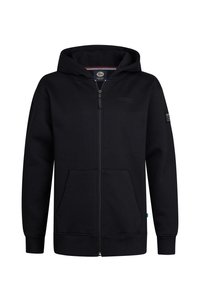 Hoodie zippé noir avec une capuche doublée, deux poches avant, des poignets et un ourlet côtelés, et un logo discret sur la poitrine et la manche.