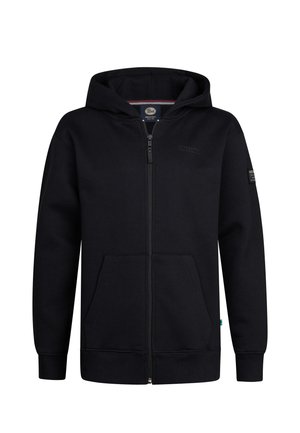 Zwarte zip-up hoodie met een gevoerde capuchon, twee voorzakken, geribde manchetten en zoom, en subtiele branding op de borst en mouw.