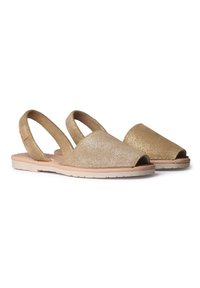 Gold glitter open-toe sandals with a sloped design, fabric upper, and cushioned sole. Slingback straps provide support and easy wear.