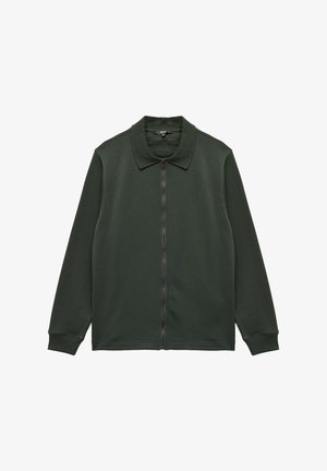 Dark green zip-front jacket with a ribbed collar, long sleeves, and soft, smooth texture. Features a fitted waistband and no additional patterns.