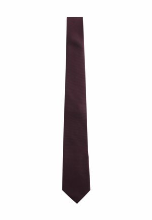 Burgundy tie with a textured pattern, long and slender shape, pointed end, smooth fabric finish. No visible hardware or accents.