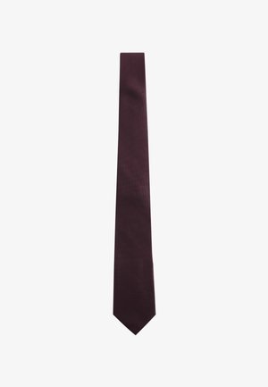 Cravate bourgogne avec un motif texturé, forme longue et élancée, bout pointu, finition en tissu lisse. Pas de matériel visible ni d'accents.