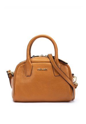 Sac à main Pikolinos en cuir tan avec doubles poignées, bandoulière amovible, garnitures dorées et finition texturée.