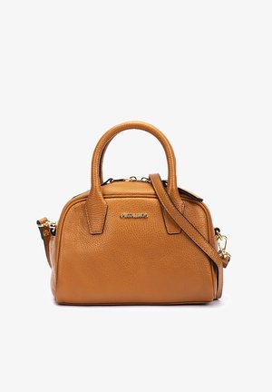 Sac à main Pikolinos en cuir tan avec doubles poignées, bandoulière amovible, garnitures dorées et finition texturée.