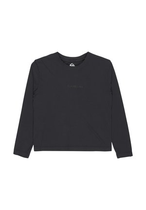 Zwarte lange mouw T-shirt gemaakt van zachte katoen, met een ronde halslijn en een reliëflogo in het midden. Gladde textuur en een relaxte pasvorm.