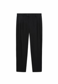 Black trousers made from smooth fabric, featuring a straight leg design, pleats at the front, and a button closure at the waist.