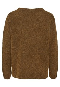 Brązowy, włochaty sweter dziany z długimi rękawami i okrągłym dekoltem, pokazany od tyłu.