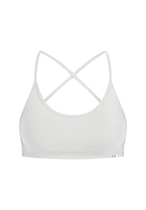 Hvid sports-bh med scoop-udskæring og korsryg-design. Lavet af glat, strækbart materiale med minimal branding.