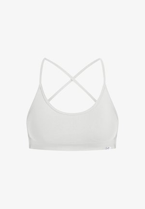 Hvid sports-bh med scoop-udskæring og korsryg-design. Lavet af glat, strækbart materiale med minimal branding.