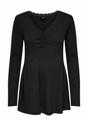 Zwarte langedit zwangerschapsblouse met V-hals, geplooide voorkant, gestructureerde stof en uitlopende zoom. Voorzien van kantafwerking langs de halslijn.