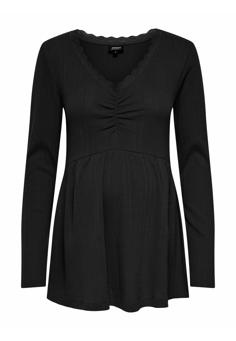 Zwarte langedit zwangerschapsblouse met V-hals, geplooide voorkant, gestructureerde stof en uitlopende zoom. Voorzien van kantafwerking langs de halslijn.