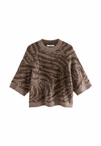 Ruskea ja beige pörröinen lyhythihainen neule, jossa on seeprahiviiruja ja pyöreä kaula-aukko.