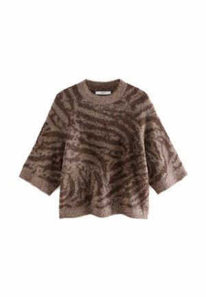 Brauner und beiger, flauschiger, kurzärmeliger Pullover mit Zebramuster und rundem Ausschnitt.