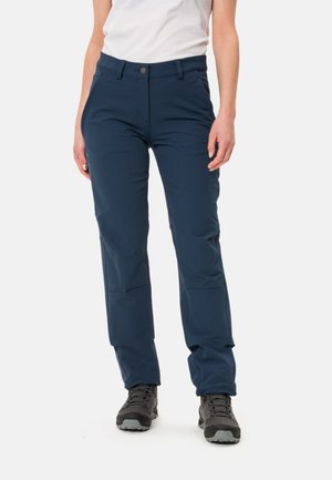 Pantalons bleu marine en tissu extensible, avec une coupe ajustée, des poches avant et une fermeture à bouton à la taille.