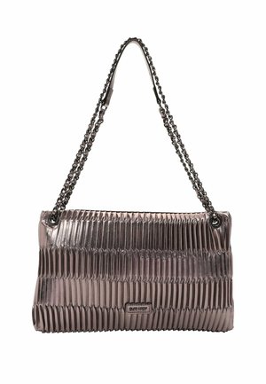 Metallic pleated rectangular handbag with double chain shoulder strap and small rectangular brand label on front.