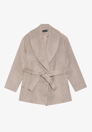 Taupe wool-blend coat with a wide notched collar, long sleeves, and a tied belt at the waist. Features a smooth texture and subtle stitching details.