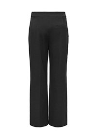 Schwarze, weit geschnittene Hose mit glatter Textur, ausgestattet mit einem Bund und einer Gesäßtasche. Einfaches Design ohne sichtbare Muster oder Akzente.