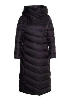 Piumino nero con colletto alto e ripiegato. Presenta un design a chevron trapuntato, maniche lunghe e una silhouette dritta. Il materiale appare lucido.