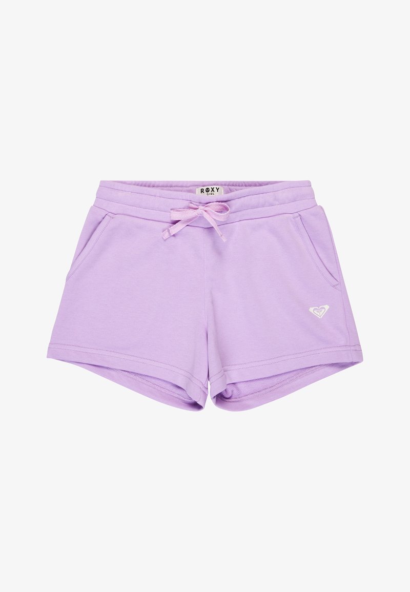 Shorts casual color lilla chiaro con coulisse in vita, tasche laterali e un piccolo logo a forma di cuore bianco sulla parte anteriore della gamba destra.