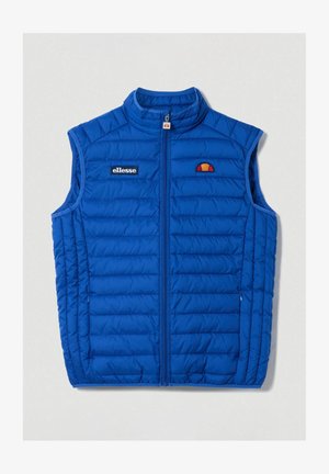 Niebieska kamizelka ocieplana z wysokim kołnierzem, z poziomymi przeszyciami, zamkiem błyskawicznym z przodu oraz małym logo na piersi.