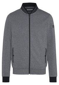 Grijze textuurjacket met een zwarte rits, geribbelde kraag en twee zijzakken. Heeft een aansluitend ontwerp en contrasterende zwarte manchetten.
