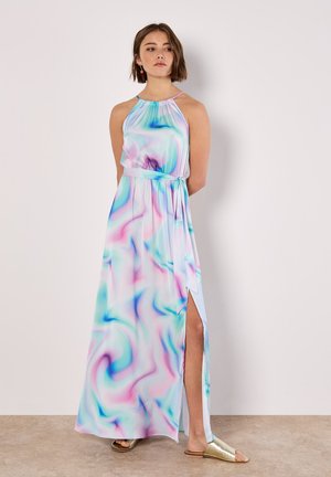 Halter-neck maxi dress in lightweight fabric featuring a swirling pastel pattern of pink, blue, and mint with a side slit and tie waist detail.