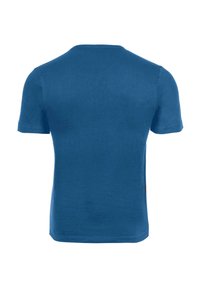 T-shirt bleu uni à manches courtes et col rond, vu de dos, avec un design simple en tissu uni.