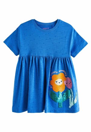 Robe courte à manches courtes pour tout-petit de couleur bleue avec une jupe froncée, ornée de fleurs pailletées orange et violettes et du texte "Rêve toujours heureux".