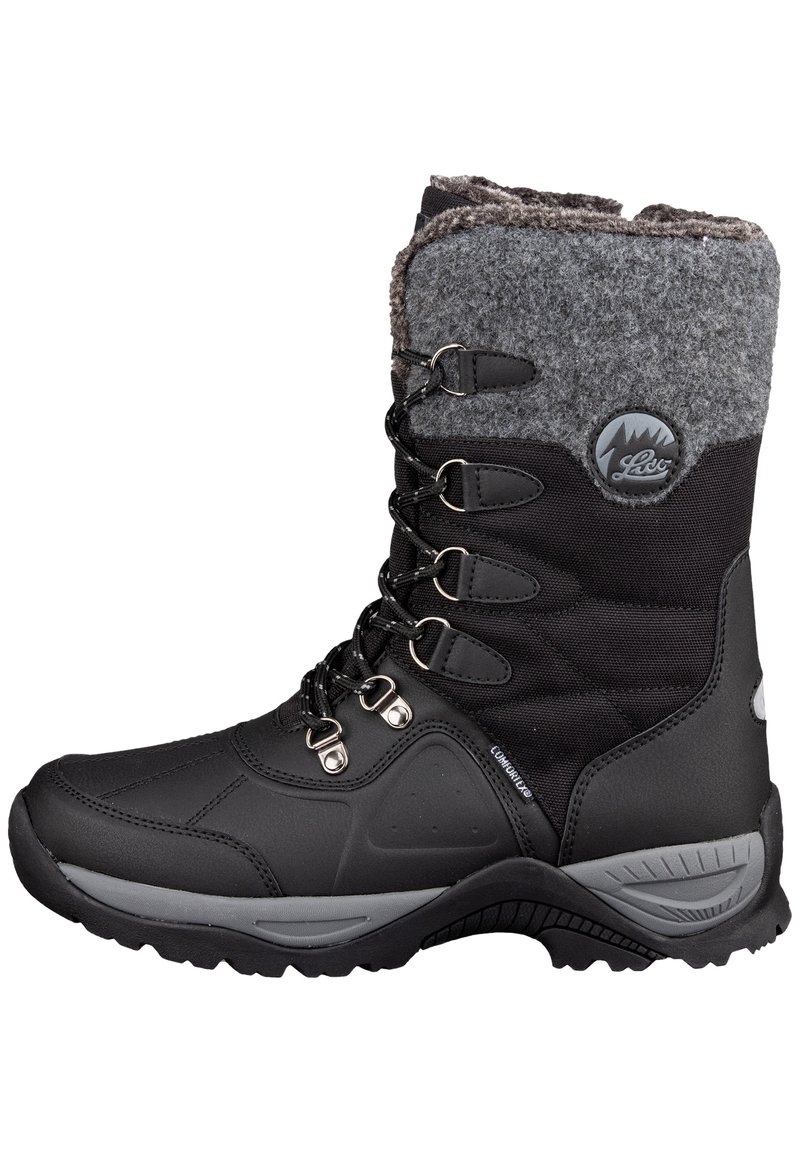 Botte d'hiver noire imperméable avec un revers en feutre gris, une tige en tissu texturé, une quincaillerie argentée et une semelle en caoutchouc robuste pour une meilleure adhérence.