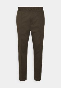 Mörk olivgröna byxor med elastisk midja, rak bendesign och slät textur. Har sidfickor och ingen synlig hårdvara.