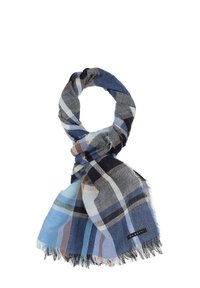 Sciarpa a quadri blu e grigia realizzata in tessuto leggero, con bordi frangiati e un piccolo etichetta. Arrotolata a forma di cerchio per la presentazione.