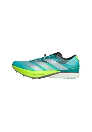 Lightweight running shoe with a teal and green color scheme, textured upper, sleek design, and spike plate for traction. Features “LIGHTSTRIKE PRO” label.