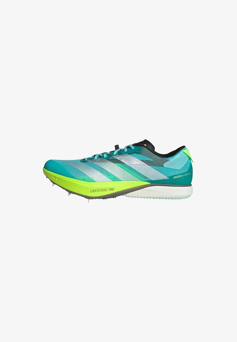 Lightweight running shoe with a teal and green color scheme, textured upper, sleek design, and spike plate for traction. Features “LIGHTSTRIKE PRO” label.