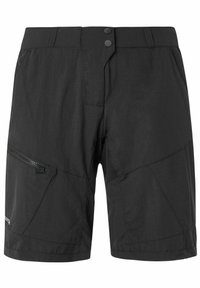 Schwarze, leichte Shorts aus einem Material mit glatter Textur. Mit zwei Knopfverschlüssen, seitlicher Reißverschlusstasche und abgeschrägten Nähten.