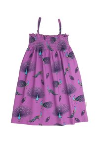 Lila Kleid mit gerafftem Oberteil, dünnen Trägern und Pfauenfeder-Muster. Hergestellt aus weichem Stoff mit einem fließenden Design.