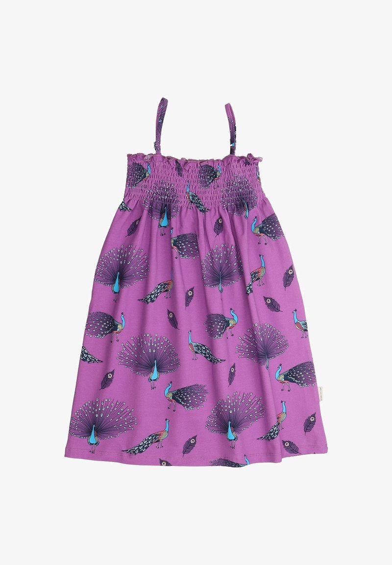 Lila Kleid mit gerafftem Oberteil, dünnen Trägern und Pfauenfeder-Muster. Hergestellt aus weichem Stoff mit einem fließenden Design.