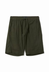 Pantaloni corti in cotone verde oliva con vita elastica e coulisse, dotati di tasche laterali e vestibilità comoda, texture liscia.